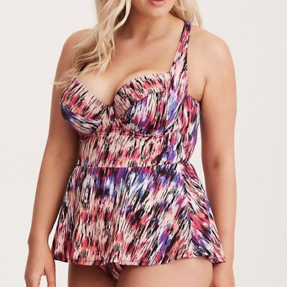 TORRID Mirage print skirted peplum one piece bathing suit, 1X. - Picture 1 of 8